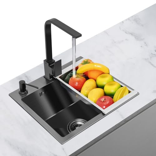 OUBUBY Spülbecken Schwarz 38×28cm Spüle Edelstahl Anthrazit 1 Becken, Einbauspüle Schwarz mit Hahnloch, Küchenspüle Edelstahl inkl. Siphon und Abflusssieb, Fleckenbeständig und Pflegeleicht