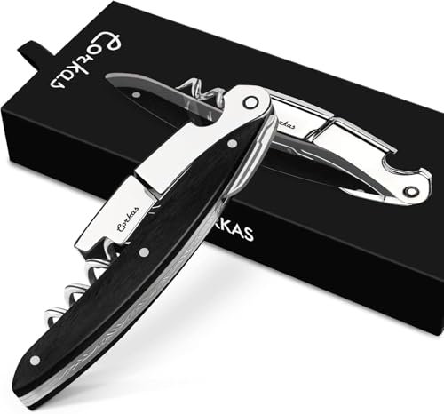 Cavatappi Sommelier Professionale,CORKAS Cavatappi da Cameriere con Manico in ebano, Apribottiglie Vino Manuale a Doppio Battente, Tagliacapsule e Apribottiglie