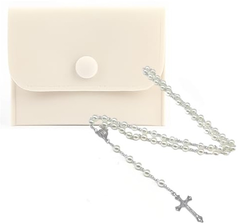 AFCJLTO Rosario católico Regalo de confirmación para chicas adolescentes, Un solo color, estilo sencillo con bolsa de botones, rosario de perlas de imitación.