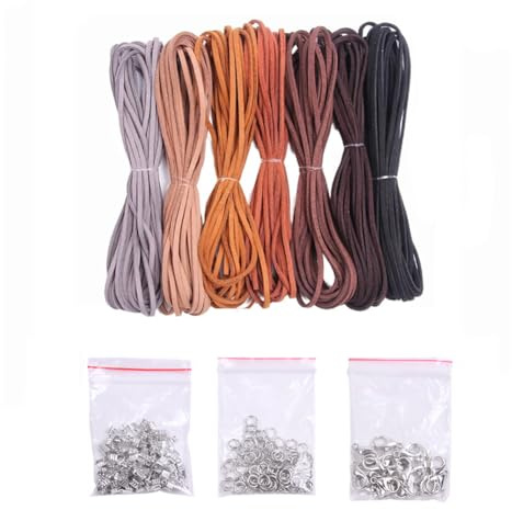 ThaiRoot 7 Rotoli x 5 m di Cordoncino in Pelle Scamosciata, 3 mm, Cordoncino in Pelle Marrone, Cordoncino Piatto per Gioielli in Finta Pelle, Cordoncino in Pelle con 100 estremità, 20 Fermagli