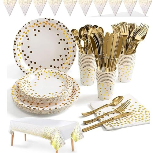 Riverhighfur Blanc et Or Vaisselle de Fête 142 Pcs Vaisselle Papier Set-Assiettes en Papier,Serviettes,Tasses,Nappe,Bannière Enfants Party Fête Mariages Baby Shower Noël,20 invités