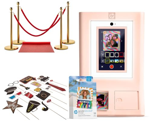 HP Sprocket Photo Booth Machine Instant Color Photo Printer (Pink) + Zink Paper (100 Sheets) + Red Carpet (1)+ Hollywood Props (1)