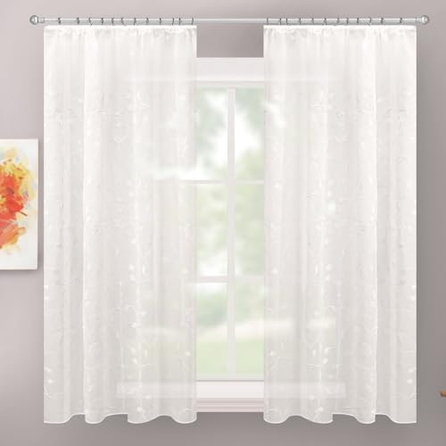 Delindo Lifestyle Gardine mit Kräuselband, 140x145 cm, halbtransparent, dezentes Blattmuster in weiß, 2er Set