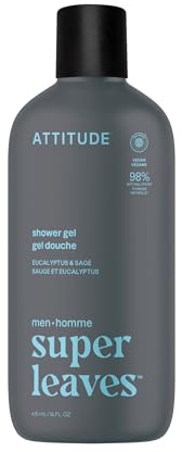 ATTITUDE Shower Gel Body Wash for Men, 98% Natural Origin Ingredients, Paraben & Phthalate Free, EWG Verified, Cleanses Without Drying, Eucalyptus & Sage,14 Fl Oz