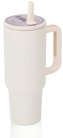 Y·J&H 40oz (1200ml) Travel Tumbler Double Wall Vacuum Insulated Coffee Mug Stainless Steel Coffee Cup with Handle and Flip Straw, BPA Free - Cream White