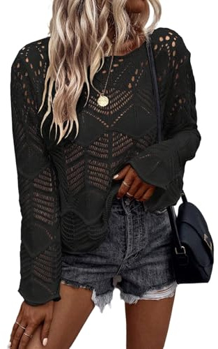 GORGLITTER Maglione da donna, elegante, a maniche lunghe, all'uncinetto, casual, girocollo, a maniche lunghe, all'uncinetto, per il tempo libero, Nero , S