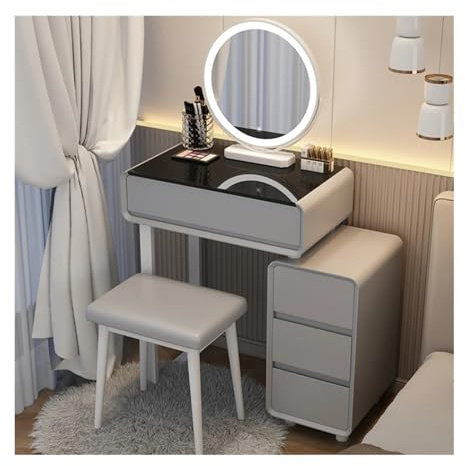 Tavolo Trucco Scrivania da trucco con specchio luminoso, 4 cassetti, tavolo da trucco moderno for ragazze e donne con armadietto, set da trucco for camera da letto, grigio/bianco Toilette con specchio