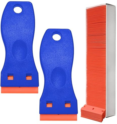 2 Pièces Grattoir plastique avec 100 lames en plastique, Grattoir de Nettoyage Multifonctionnel verre, jeux d'outils anti-rayures pour Nettoyer Colle, peinture, enlever les étiquettes, décalcomanies