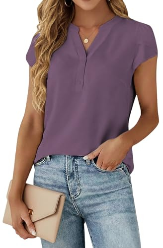 Cuptacc T Shirt Damen V-Ausschnitt Kurzarm Blusen Damen Sommer Elegant Chiffon Tunika Einfarbig Oberteile Lila, Mittel M 38-40