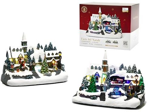 EMPOTEC Escena paisaje pueblo navideño nevado en fiesta movimiento luces LED sonidos musicales navideños ideas regalo Navidad Clarion decoración decoración 31 x 24 x 20 cm 2 escenas variadas (1 unidad