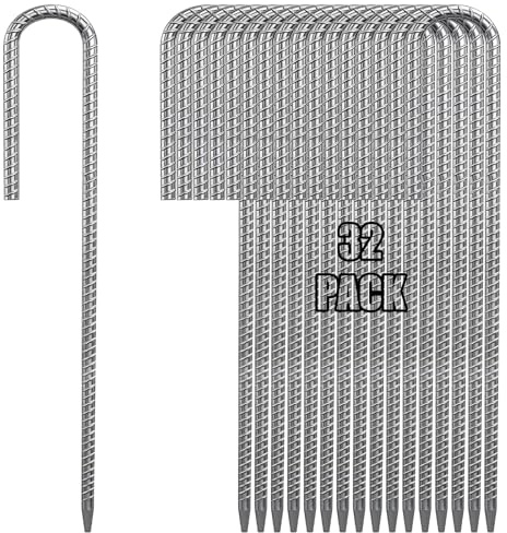 NULTRUMA 12 Inch Heavy Duty Galvanized Rebar Ground Stakes, J Hook Fence & Tent Stakes for Outdoor, 32-Pack, Anchor for Wire Fencing, Inflatables, Tarp, Yard Decorations & Gardening