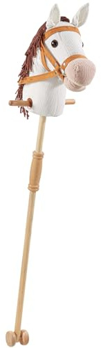 tectake® Cavallo Giocattolo con Bastone per Bimbi, Peluche Cavallo, Cavalli Giocattolo con Bastone in Legno, Doppie Rotelle, Hobby Horse, Idee Regalo Equilibrio per Bambini dai 24 mesi - Bianco