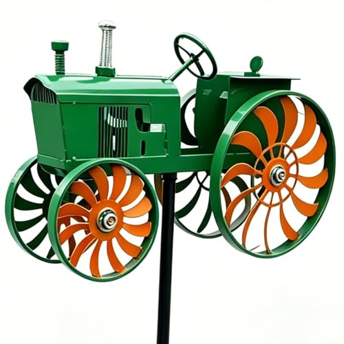 Garden Tractor Wind Spinner, Green Tractor Windmill Stake Decor with Rotating, Yard Ground Stake Windmill for Front Yard Porch Backyard Lawn Flower Bed Holiday Housewarming (3D Green 1 PC)