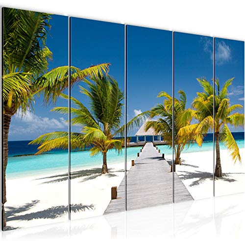 Runa Art Wandbild XXL Strand Palmen Schlafzimmer Wohnzimmer 200 x 80 cm Blau 5 Teilig - Made in Germany - 604955a