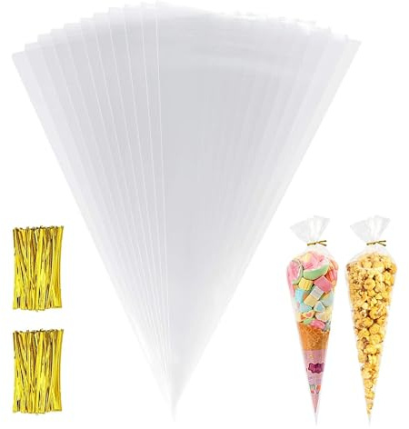 Spitztüten für Süßigkeiten 100 Stück Süßigkeitentüten Tüte Transparent OPP 170 x 370mm + 100 Stück Golden Bindestreifen Verschluss für Schokolade Bonbons Marshmallow Puffreis Plätzchen