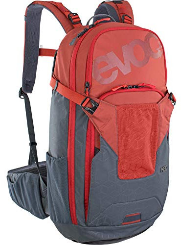 EVOC NEO 16l Protektor Rucksack, Fahrradrucksack, (Backpack mit TÜV/GS-zertifizierter AIRSHIELD Protektortechnologie, 360° Belüftung, inkl. Regenhülle, Größe: S/M), Chili Rot / Carbon Grau