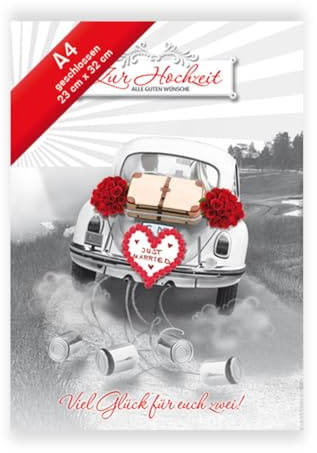 KE - XXL Glückwunsch-Karte zur Hochzeit, mit Umschlag, DIN A4, stilvolle Hochzeitskarte/Vermählung, ohne Innentext, Motiv: Hochzeitsauto