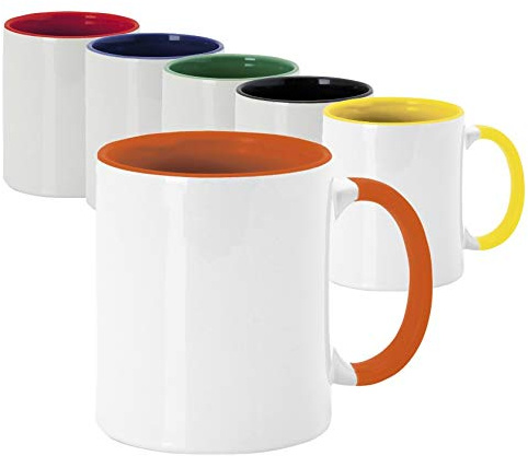 Lot de 36 tasses en céramique sublimation de 350 ml de capacité avec extérieur de couleur blanche et intérieur dans des couleurs vives et variées, présentation dans des boîtes individuelles (mixte)