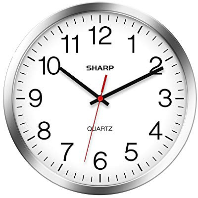 Sharp Wall Clock – Silver/Chrome, Silent Non Ticking 10 Inch Quality Quartz Battery Operated Round Easy to Read Home/Kitchen/Office/Classroom/School Clocks, Sweep Movement