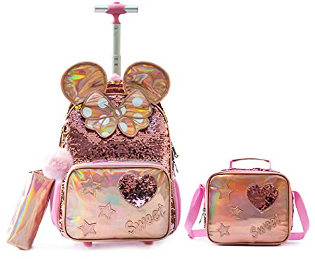 HTgroce Rucksack mit Rädern, Schulranzen mit 2 Rädern, für Kinder, Mädchen, aus Nylon, für Schule, Reisen, mit Beutel und Mäppchen.