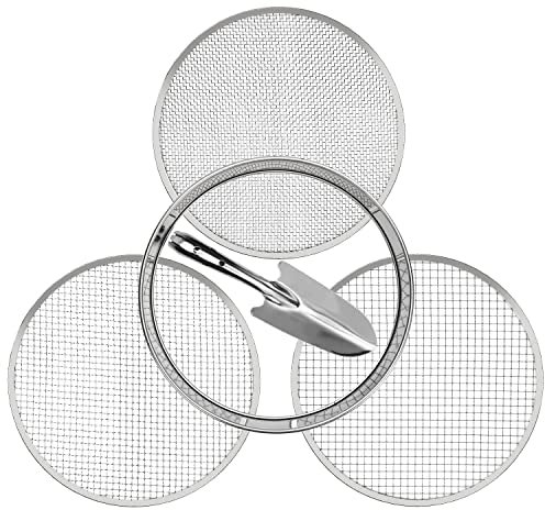 Bodensieb Gartenpflanzsieb Edelstahl Erdsieb Set mit 3 austauschbaren Filtergittergrößen 3,6,9 mm und Bonusspaten