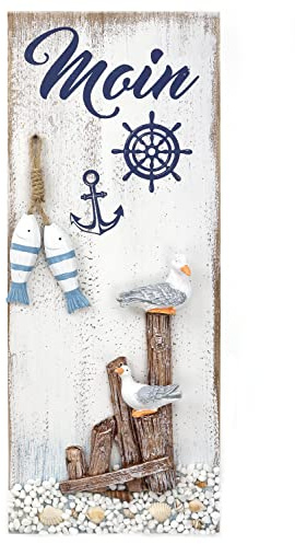 ELLUG Maritime Wanddeko „Moin“ mit Möwen, Muscheln und Fischen aus Holz zum Aufhängen im Vintage/Retro Look, 40 * 20cm