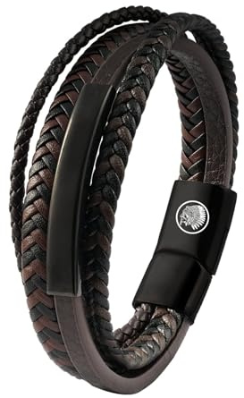 Casisto.J Lederarmband Herren Armband Herren Männer Leder Edelstahl Gravur Schwarz Braun Blau Geflochten mit Magnet Verschluss