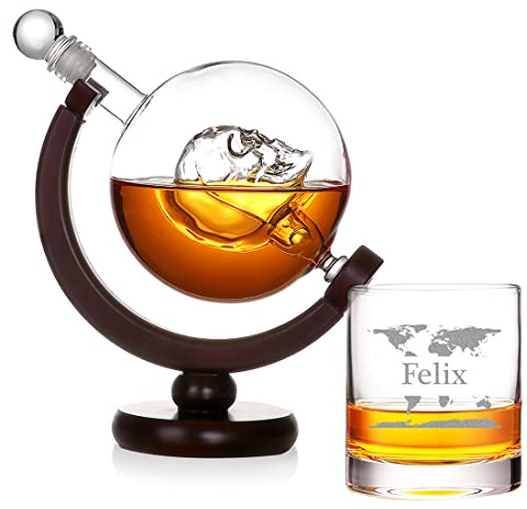 polar-effekt Globus Skull Dekanter 850 ml mit Wunschgravur - Motiv: Weltkarte - personalisierter Whisky Tumbler 320 ml - Scotch, Bourbon, Rum - Geburtstag, Weihnachten, Jubiläum - Drink, Longdrink