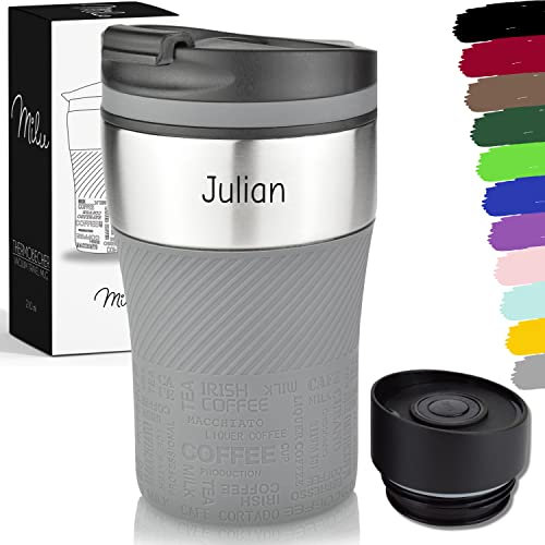 Milu Thermobecher mit Gravur - 210ml - Vatertag Muttertag personalisiert Geschenk mit Namen Ostern Weihnachten für Männer Frauen Mama Papa (Grau, 210ml (+Gravur)