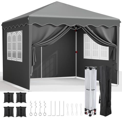 Gazebo 3x3, Gazebi Pieghevole con Oxford, Tenda Giardino Pieghevole, Impermeabile, Tenda per Feste, Tenda con 4 PCS Sacchi di Sabbia, Padiglione Giardino Protezione UV 50+, Per il Campeggio (Grigio)