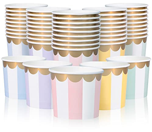 Confettiville 50-Count Paper Ice Cream Cups - 11-Oz Disposable Dessert Bowls in 5 Pastel Stripe Colours with Scalloped Gold Foil
