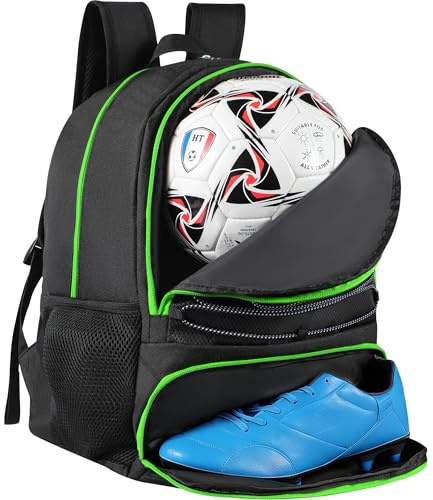 Soccer Ball Bag Backpack for Men Women with Ball & Shoes Compartment 32L Capacity Lightweight Breathable Boys Girls Basketball Bag Backpack Fit Volleyball Football Sports Travel School Gym Green Edge