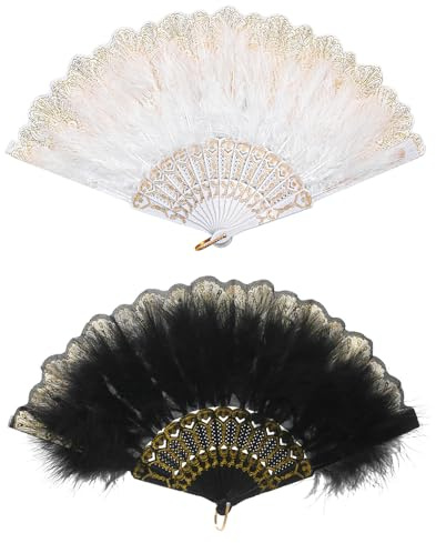 Namvo Pack de 2 Abanico de Plumas para Mujer Estilo Vintage de los años 20 Abanico de Plumas Plegable de Mano Abanico de Plumas Plegable para decoración de Disfraces de Fiesta