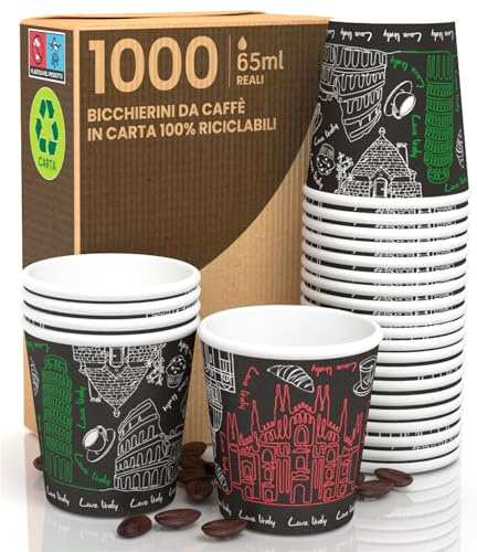 1000 Bicchierini in Carta da caffè 65ml Italy Black Bicchieri Ecologici Biodegradabili Monouso Piccoli Asporto Bevande Calde