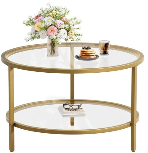 SAYGOER Round Glass Coffee Table 2 Tier Coffee Tables with Storage Shelf for Large or Small Space Modern Simple Center Table with Gold Frame for Living Room Home Office, Easy Assembly…