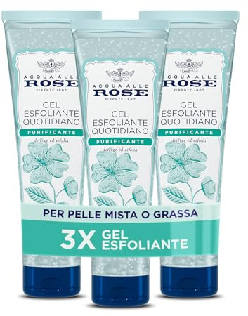 Acqua alle Rose, Gel Esfoliante Quotidiano Purificante per Pelli Normali, Miste o Grasse, Scrub Viso Delicato con Attivi Astringenti di Rosa Multiflora, Deterge, Esfolia e Purifica - 3 Pezzi da 150 ml
