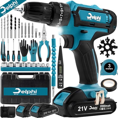 DELPHI 21V Akkuschrauber Set mit 2 Akkus, 2 Gang 24 Drehmomentstufen LED Licht Akku-Bohrschrauber Heimwerkerprojekte 41 Teiliges Bohrschrauber Set mit Koffer