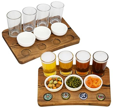 Owlgift Rustic Wooden Craft Beer Flight Board Tray with Drink Glasses & Food Pairings, Charcuterie & Cheese Board, Party Tray, Farmhouse Décor