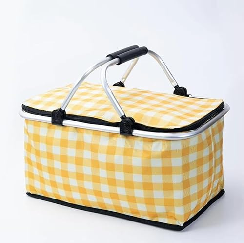 Cesta de picnic aislada con forro a prueba de fugas, gran capacidad de 26 litros para 12 adultos, cesta de picnic con asas resistentes para actividades al aire libre, viajes, playa, camping (amarillo)