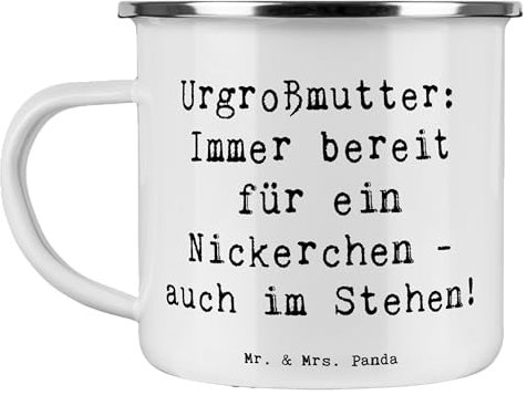 Mr. & Mrs. Panda Camping Emaille Tasse Spruch Urgroßmutter Nickerchen - Geschenk, Familie, Humorvolle Sprüche, Liebe, Edelstahl Trinkbecher,