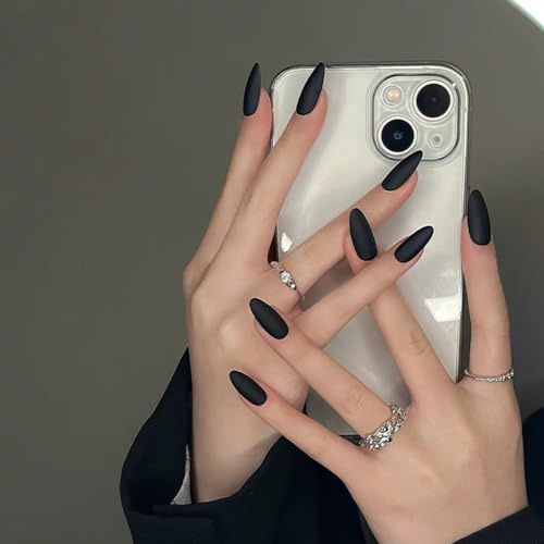 Ztcily Faux Ongles Noir Mat Amande Long Femmes | Faux Ongles Noir Pointu avec Colle | Accessoire ou Idée Cadeau Mariage Anniversaire Noël Saint Valentin