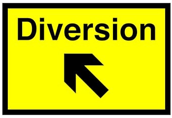 Hinweisschild mit Pfeil links, oben, Warnstraße, Straßenschild, selbstklebender Aufkleber (200 mm x 150 mm), Sichtabstand innerhalb von 5 m.