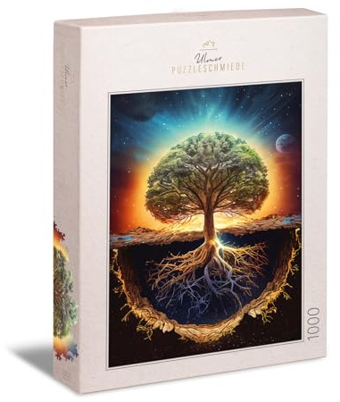 Ulmer Puzzleschmiede - Puzzle da 1000 pezzi Yggdrasil - Design di puzzle sofisticato e meravigliosamente messo in scena - L'albero del mondo tra i mondi superiori, terrestri e sotterranei -