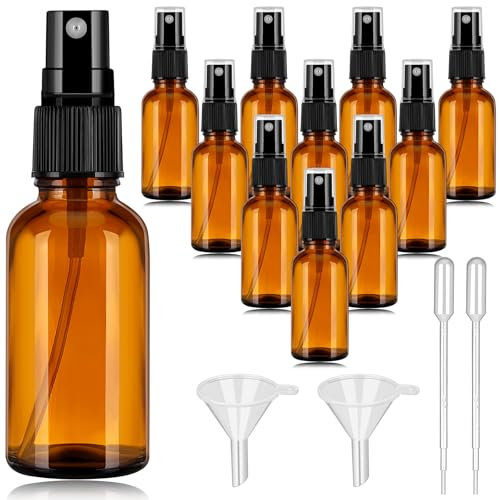 Zeawavsl Lot de 10 flacons pulvérisateurs vides en verre de 30 ml avec 2 entonnoirs et 1 compte-gouttes 1 autocollant, flacons pulvérisateurs portables pour recharges d'huiles essentielles et voyages