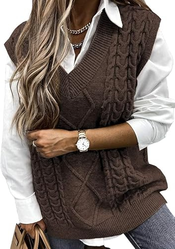 TANMESSO överdimensionerad ärmlös tröja väst för kvinnor 2025 V-hals lös passform pullover stickad topp, Brun, XL