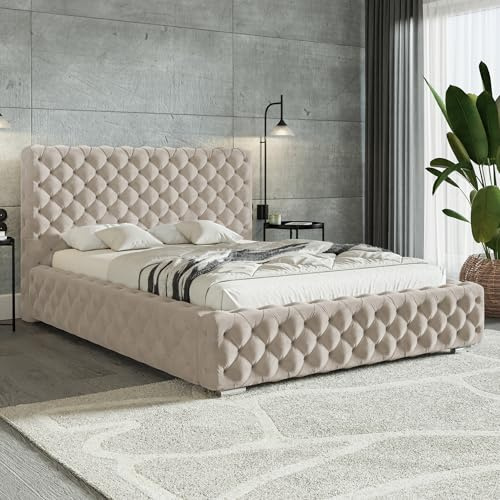 MOTIVENA Dianna Chesterfield Bett 120x200 Beige Samt, mit Stauraum, mit Kopfteil, mit Lattenrost, mit Füßen, ohne Matratze, Chesterfield Polsterbett 120x200 mit Bettkasten Beige (Creme)