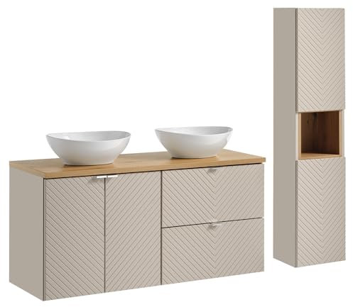 Lomadox Badezimmer Badmöbel Set 2-teilig in Kaschmir und Eiche mit 120 cm Doppelwaschtisch mit Keramikwaschbecken & Hochschrank, gerillte Front, wandhängend