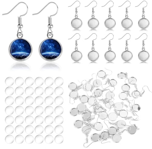 Quilax 50 Stück Cabochon Ohrringe Tabletts,Edelstahl Ohrringe Selber Machen Set,12mm Glas Cabochon Fasung,Mit Ohrringhaken,Ohrringrohlinge für Die Schmuckherstellung