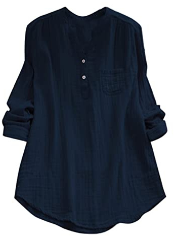 Musselin Bluse Damen Baumwolle Leinen Shirt V Ausschnitt Longbluse Oversize Langarm Leinenbluse Sommer Oberteile Tunika Große Größen Leinenshirt Leicht Und Luftig
