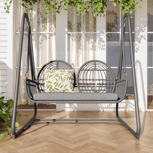 Columpio de jardín con respaldo, juego de muebles de jardín para exteriores, columpio doble de ratán sintético, 2 asientos, marco estable y cojín de asiento suave (gris oscuro)